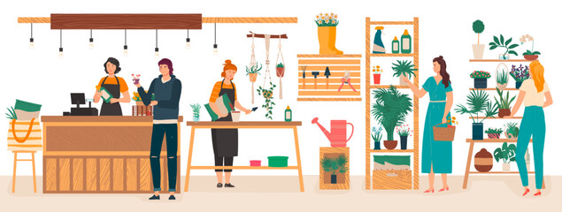 Flowers and plants florist shop interior with florists care for houseplants, woman buys flowers cartoon vector illustration.