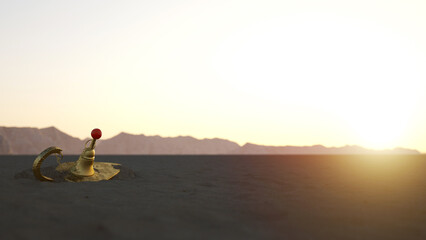 Aladin lamp half buried in the sand on a warm and fascinating summer sunset.  Discover and taking chances concept. Lucky life and career opportunities. 3d rendering.
