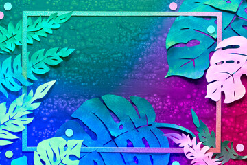 Neon lit vibrant background with light wires and exotic tropical leaves in glowing pink, purple and blue. Frame made from exotic paper leaves. Paper craft background.