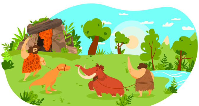 Stone age people with pet animal, mammoth and dinosaur on leash, funny vector illustration