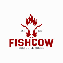 modern vintage retro classic clean flat minimalist of bbq barbecue grill house with combination of fish and cow head and fire flame logo design inspiration