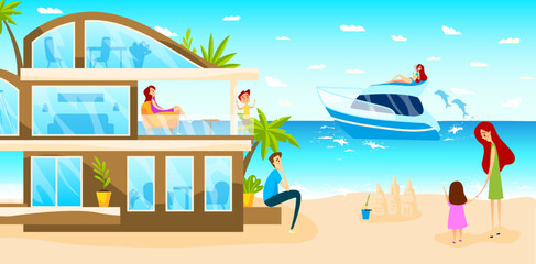 Family travel to luxury hotel on summer vacation, happy people at modern seaside resort, vector illustration