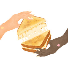 multi ethnic hands sharing a delicious grilled cheese sandwich on transparent background