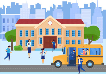 School bus, building, and front yard with students children, teacher on cityscape background cartoon vector illustration.