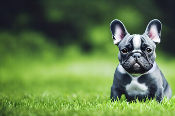 Fototapeta premium french bulldog sitting on green grass, generative AI
