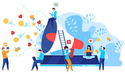 Social media marketing concept, people react to influencer content online, vector illustration