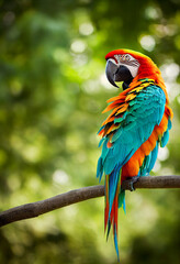 Fototapeta premium colorful macaw parrot sitting on a branch against the background of green nature, generative AI