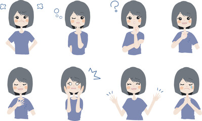 【怒ってる、悲しんでいる、任せて、疑問、ショック、困り顔、謝る】表情とポーズのバリエーションセット