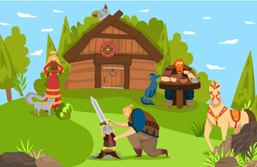 Vikings and scandinavian warriors family and house cartoon vector illustration from Scandinavia history mythology comic art. - obrazy, fototapety, plakaty