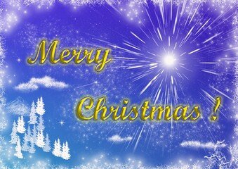 Winter Christmas background with sky, clouds, stars and fir tree. Winter beautiful pattern.