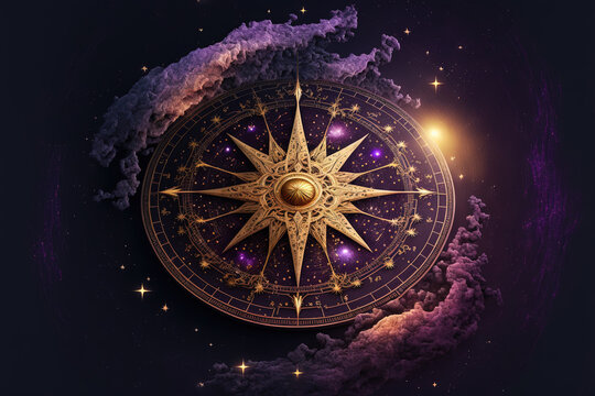 Old compass on abstract space background. Ancient astronomical device. Astrology, Astronomy and Science concept. Mystical art. Generative AI