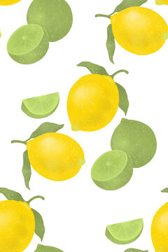 healthy fruits lemon and lime seamless pattern on transparent background