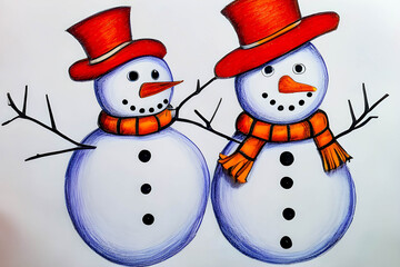 Two snowmen in hats and scarves isolated on white background.
