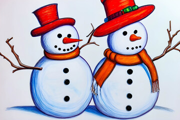 Two snowmen in hats and scarves isolated on white background.