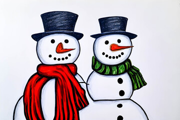 Two snowmen in hats and scarves isolated on white background.