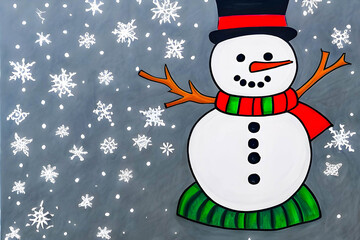 Snowman in a hat and scarf. Children's drawing with colored pencils.