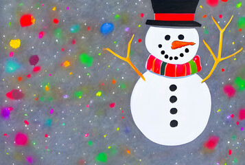 Snowman in a hat and scarf. Children's drawing with colored pencils.