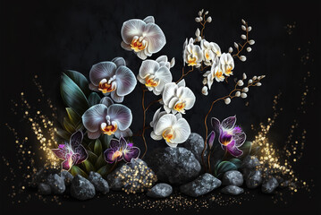 White orchids on stones on a black background