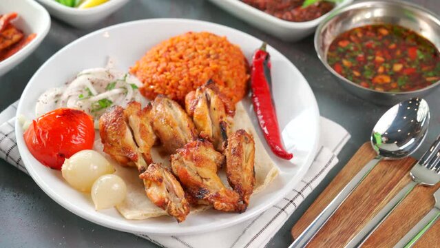Traditional Turkish meal kebab, Ali nazik, adana kebap, urfa kebap, &ccedil;&ouml;p şiş, patlican kebap, domates kebap, şaşlık, saslik, ciger sis on table top view
