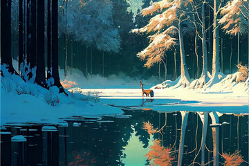 Beautiful Winter Forest with River  and Snow. Generative ai