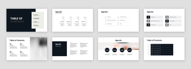 Agenda slides for business, internal, and conference presentations: 8 agenda and table of content options. Clean and minimal design.