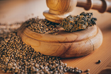 Legality of Medical Cannabis and Seeds, legal and illegal Cannabis, Seeds on the World - Wooden judge hammer and sound block with seeds and flower of marijuana CBD on the pinewood table background.