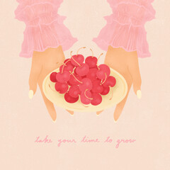 hands holding cherries with text take your time to grow