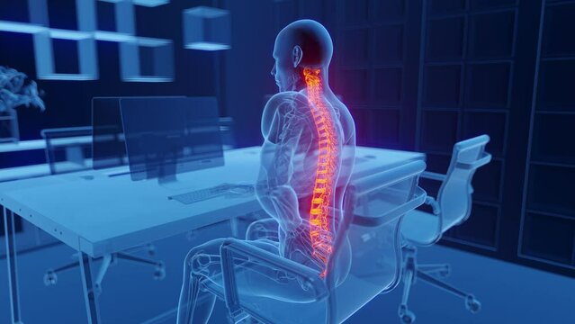 3D medical animation of a man experiencing back pain at work