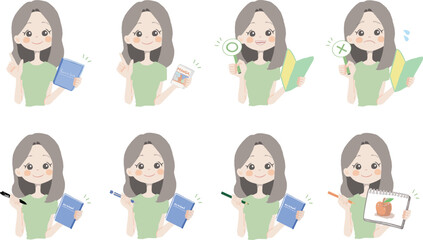 【本、漫画、マルバツ、絵を持っている女の子】表情とポーズのバリエーションセット