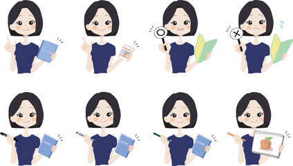 【本、漫画、マルバツ、絵を持っている女の子】表情とポーズのバリエーションセット