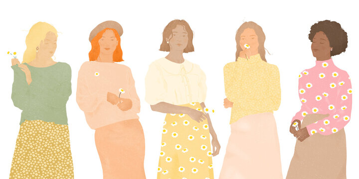 a group of five multi ethnic young beautiful elegant women standing together and holding chamomile flowers on transparent background