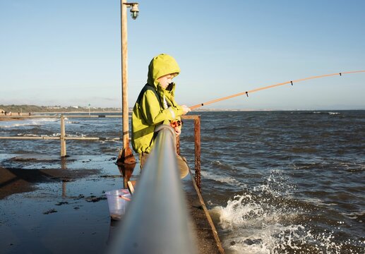 young boy fishing for crabs on the quay on a sunny day