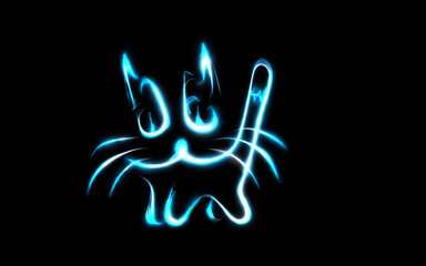 Neon effect, glowing blue cat isolated on black background. Bright luminescent fluorescent paint. Sketch.