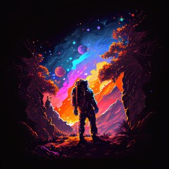 An astronaut on an alien planet. A high-tech astronaut from the future. The concept of space travel. Painting in eight-bit retro style. Generative AI Art