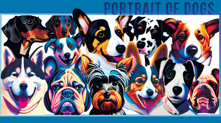 Portrait of cute dogs. Dolmatian, Labrador, Husky, Beagle, Doberman, French Bulldog, Corgi