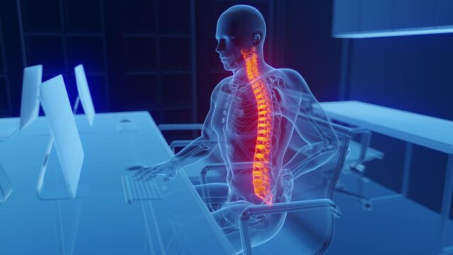 3D medical animation of a man experiencing back pain at work