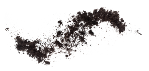 Black Fertilize Soil ready to planting, good organic soils with root for garden farming, fine detail of soil throw fly in air with dust dirty. High speed freeze shot over White background Isolated.
