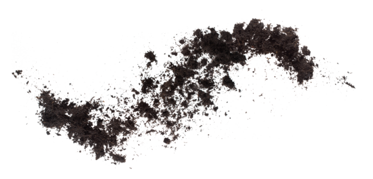 Black Fertilize Soil ready to planting, good organic soils with root for garden farming, fine detail of soil throw fly in air with dust dirty. High speed freeze shot over White background Isolated.