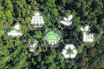 Reduce CO2 emission concept, Top view Green forrest background with Reduce CO2 icon on virtual...