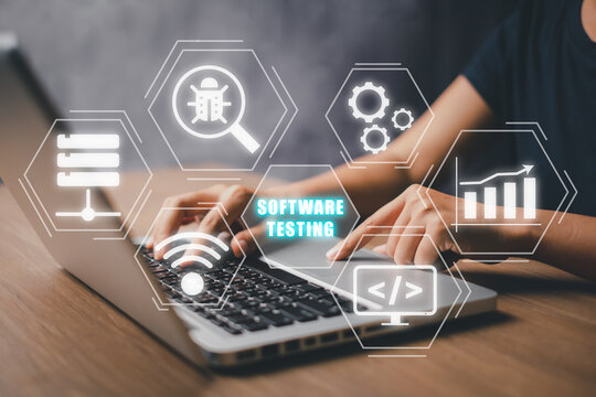 Woman hand typing keyboard computer with SOFTWARE TESTING inscription icon on VR screen, Business, modern technology, internet and networking concept.