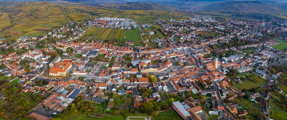 Aerial view of the city Langenlois in Austria on a cloudy autumn day	