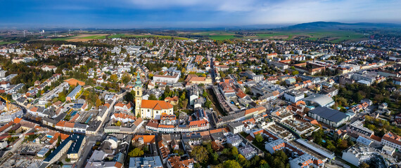 Aerial view of the city Stockerau in Austria on a sunny autumn day	