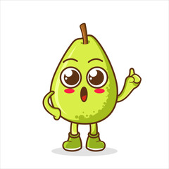 Cute Guava fruit character with happy face and Gesture pointing up. Fruit character icon concept isolated.