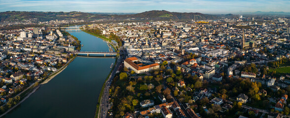 Aerial wide view around the city Linz an der Donau in Austria on a sunny autumn afternoon.