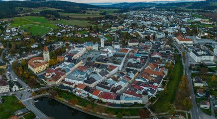 Aerial wide view around the city Freistadt in Austria on a very late afternoon in autumn.	