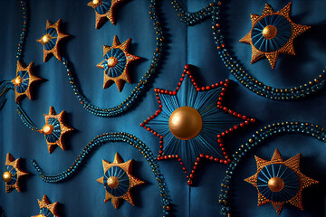 Blue Velvet and Red Embroidery Festive Curtain. Generative ai