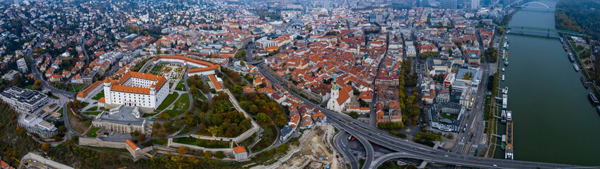 Aerial view around the city capitol Bratislava in Slovakia on a cloudy autumn day.