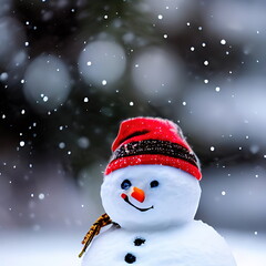 Fototapeta premium Smiling snowman on a snowy winter day. Generative ai.