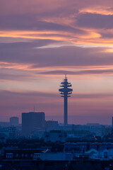 Fototapeta na wymiar Sunset over the Signaltower in the Vienna Arsenal, Austria