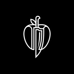 Fruit apple logo with Knife, fruit silhouette simple linear geometric shape in minimalist style.